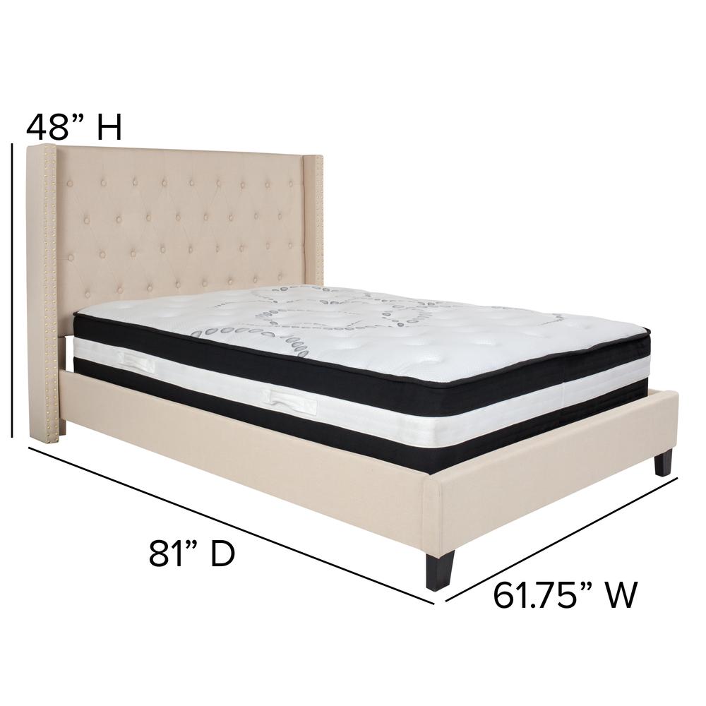Full-Size Tufted Upholstered Platform Bed with Accent Nail Trimmed Extended Sides in Beige Fabric with Mattress. Picture 2