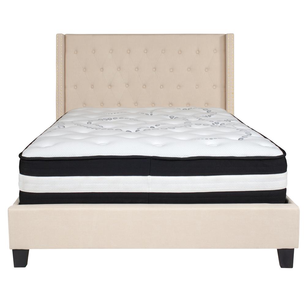 Full-Size Tufted Upholstered Platform Bed with Accent Nail Trimmed Extended Sides in Beige Fabric with Mattress. Picture 3
