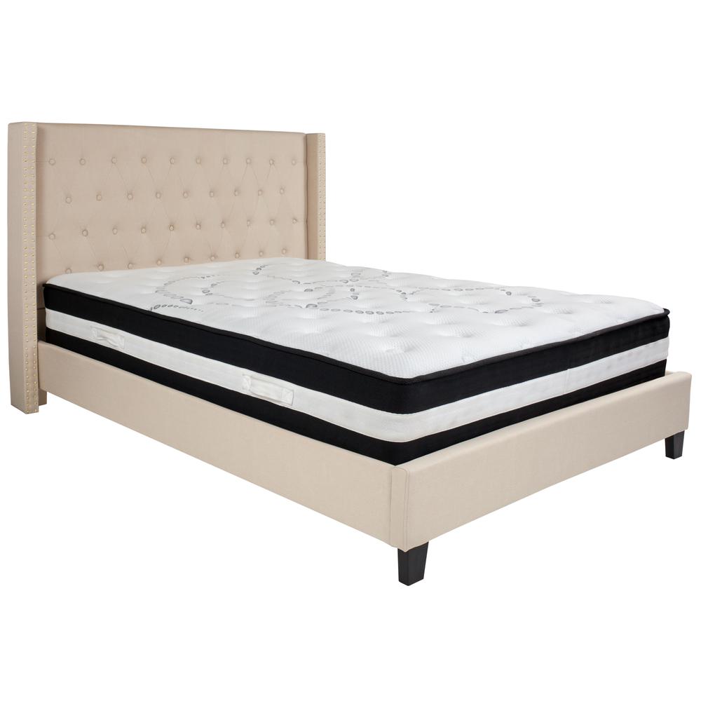 Queen-Size Tufted Upholstered Platform Bed with Accent Nail Trimmed Extended Sides in Beige Fabric with Mattress. Picture 1