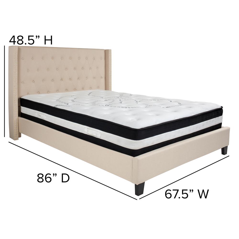 Queen-Size Tufted Upholstered Platform Bed with Accent Nail Trimmed Extended Sides in Beige Fabric with Mattress. Picture 2
