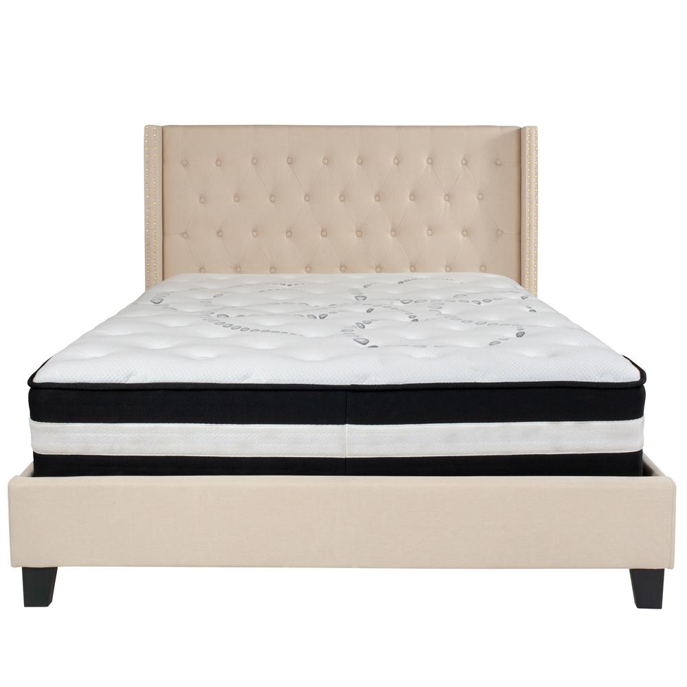 Queen-Size Tufted Upholstered Platform Bed with Accent Nail Trimmed Extended Sides in Beige Fabric with Mattress. Picture 3