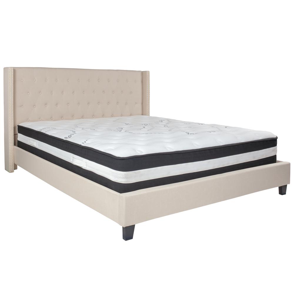 King-Size Tufted Upholstered Platform Bed with Accent Nail Trimmed Extended Sides in Beige Fabric with Mattress. Picture 1