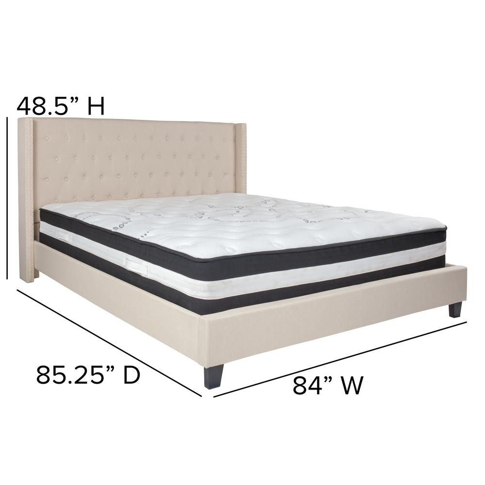 King-Size Tufted Upholstered Platform Bed with Accent Nail Trimmed Extended Sides in Beige Fabric with Mattress. Picture 2