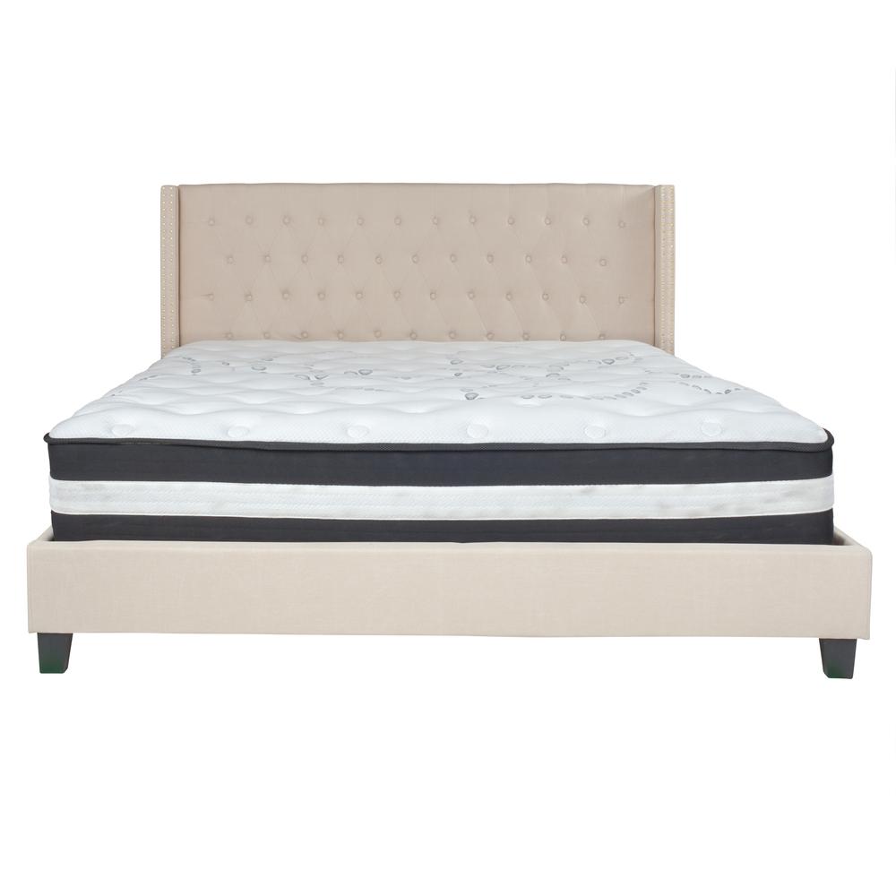 King-Size Tufted Upholstered Platform Bed with Accent Nail Trimmed Extended Sides in Beige Fabric with Mattress. Picture 3