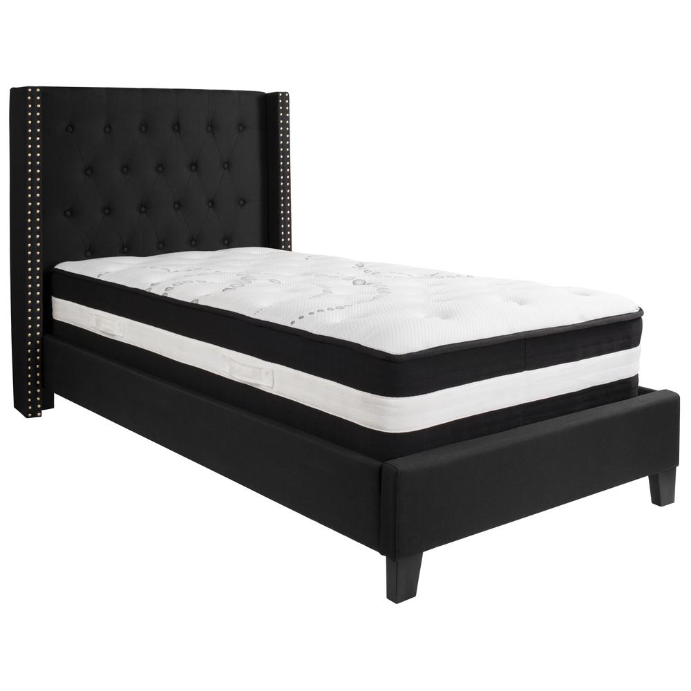 Twin-Size Tufted Upholstered Platform Bed with Accent Nail Trimmed Extended Sides in Black Fabric with Mattress. Picture 1