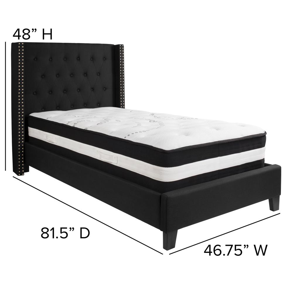 Twin-Size Tufted Upholstered Platform Bed with Accent Nail Trimmed Extended Sides in Black Fabric with Mattress. Picture 2