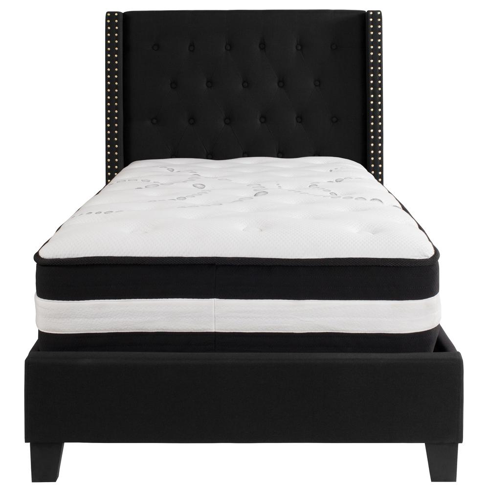 Twin-Size Tufted Upholstered Platform Bed with Accent Nail Trimmed Extended Sides in Black Fabric with Mattress. Picture 3
