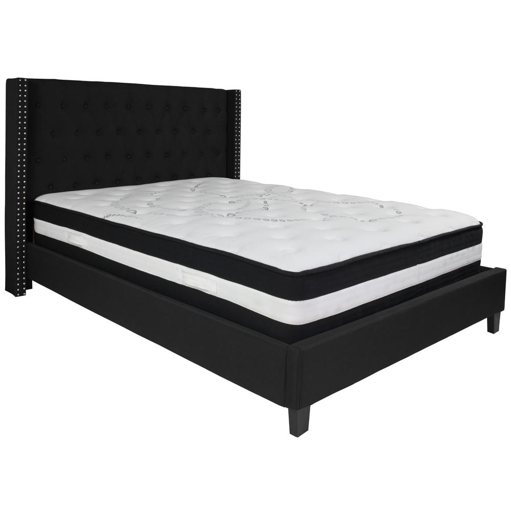 Queen-Size Tufted Upholstered Platform Bed with Accent Nail Trimmed Extended Sides in Black Fabric with Mattress. Picture 1