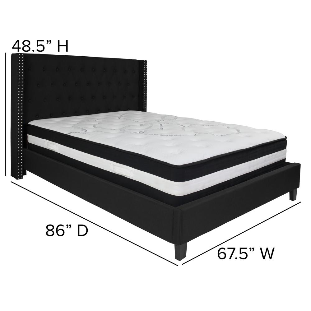 Queen-Size Tufted Upholstered Platform Bed with Accent Nail Trimmed Extended Sides in Black Fabric with Mattress. Picture 2