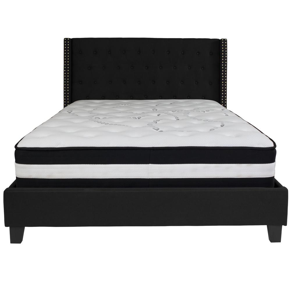 Queen-Size Tufted Upholstered Platform Bed with Accent Nail Trimmed Extended Sides in Black Fabric with Mattress. Picture 3