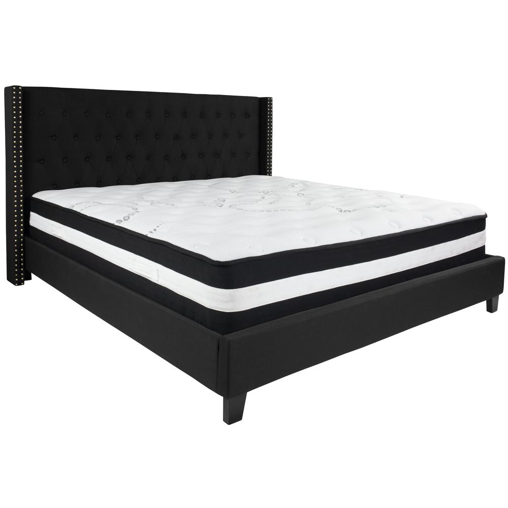 King-Size Tufted Upholstered Platform Bed with Accent Nail Trimmed Extended Sides in Black Fabric with Mattress. Picture 1