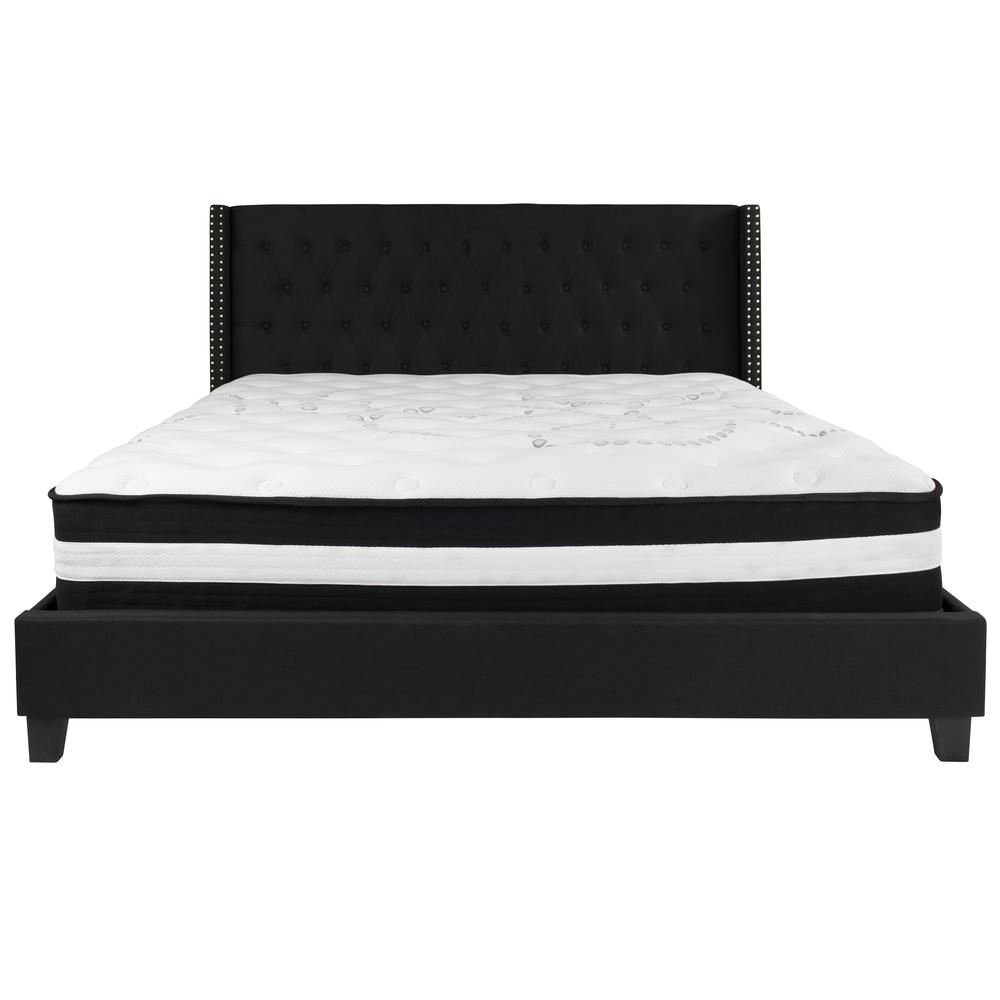 King-Size Tufted Upholstered Platform Bed with Accent Nail Trimmed Extended Sides in Black Fabric with Mattress. Picture 3