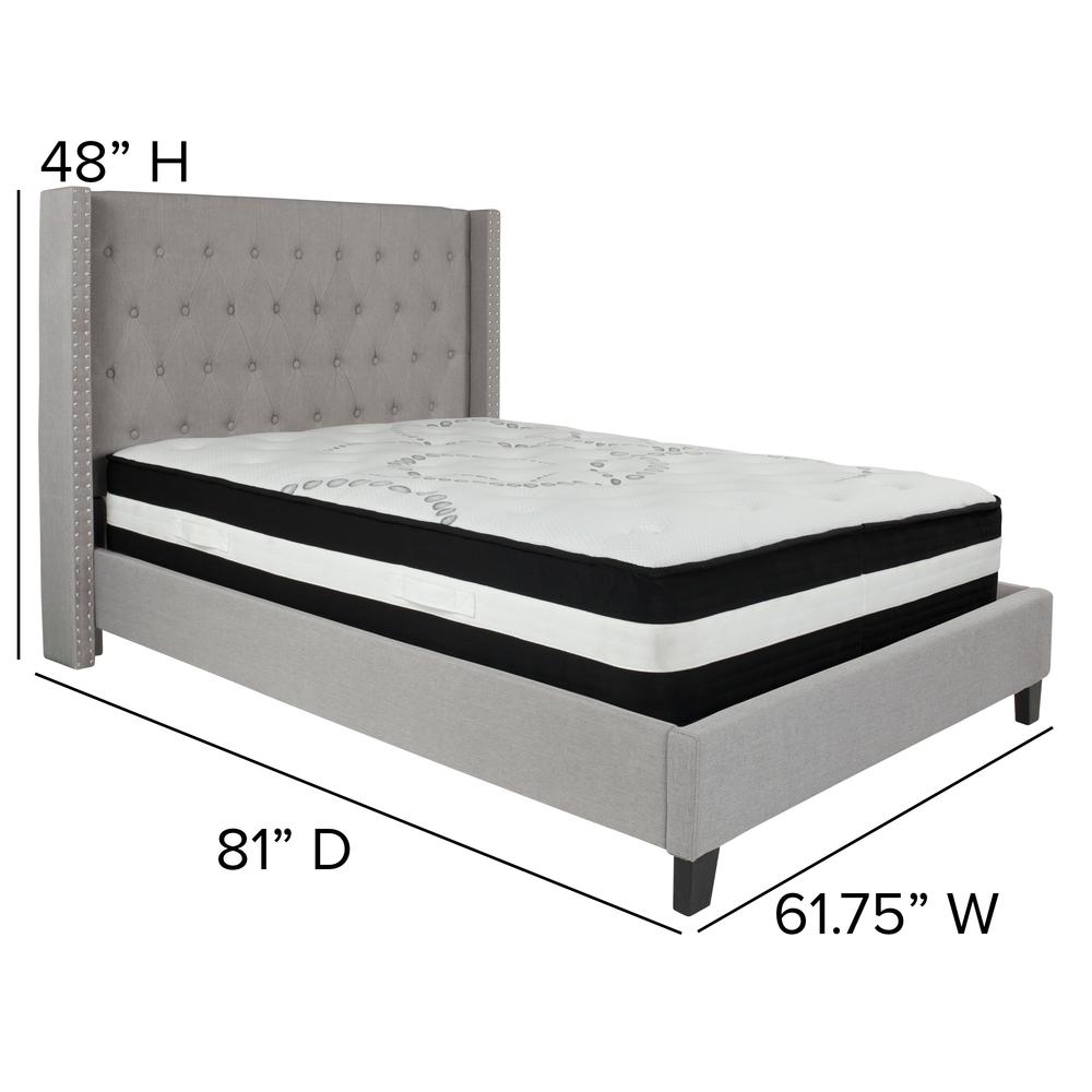 Full-Size Tufted Upholstered Platform Bed with Accent Nail Trimmed Extended Sides in Light Gray Fabric with Mattress. Picture 2