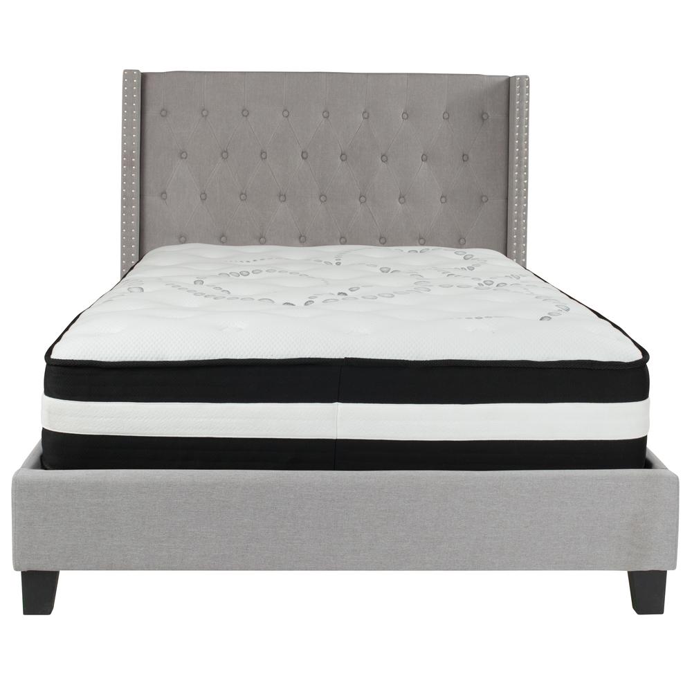 Full-Size Tufted Upholstered Platform Bed with Accent Nail Trimmed Extended Sides in Light Gray Fabric with Mattress. Picture 3