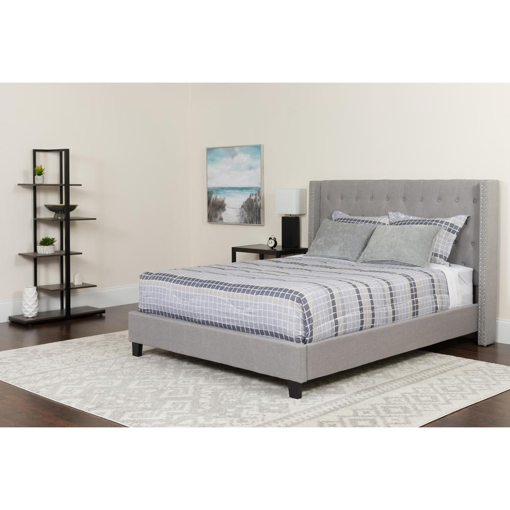 Full-Size Tufted Upholstered Platform Bed with Accent Nail Trimmed Extended Sides in Light Gray Fabric with Mattress. Picture 4