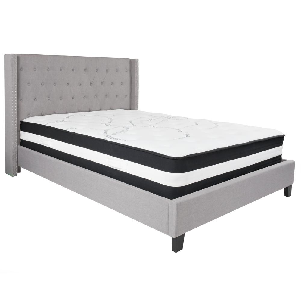 Queen-Size Tufted Upholstered Platform Bed with Accent Nail Trimmed Extended Sides in Light Gray Fabric with Mattress. Picture 1