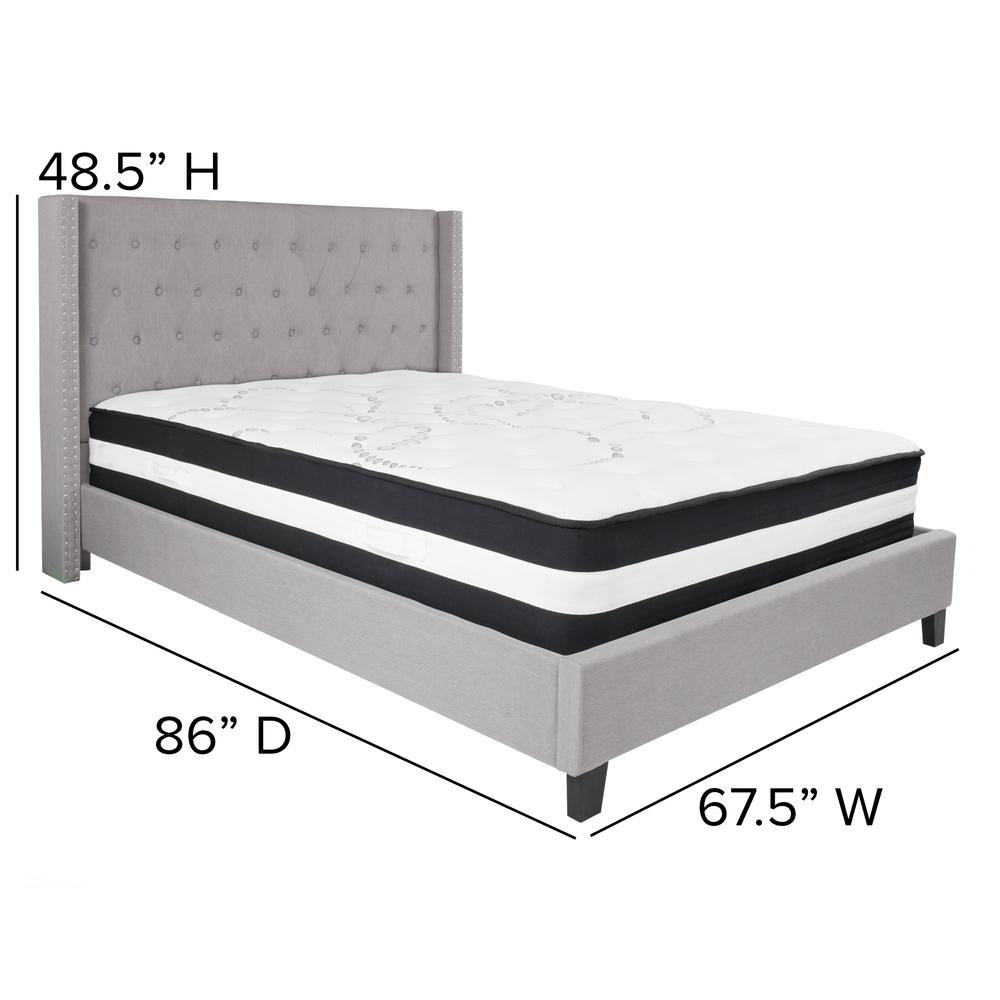 Queen-Size Tufted Upholstered Platform Bed with Accent Nail Trimmed Extended Sides in Light Gray Fabric with Mattress. Picture 2