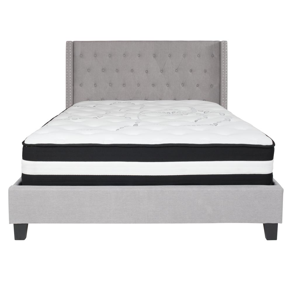 Queen-Size Tufted Upholstered Platform Bed with Accent Nail Trimmed Extended Sides in Light Gray Fabric with Mattress. Picture 3