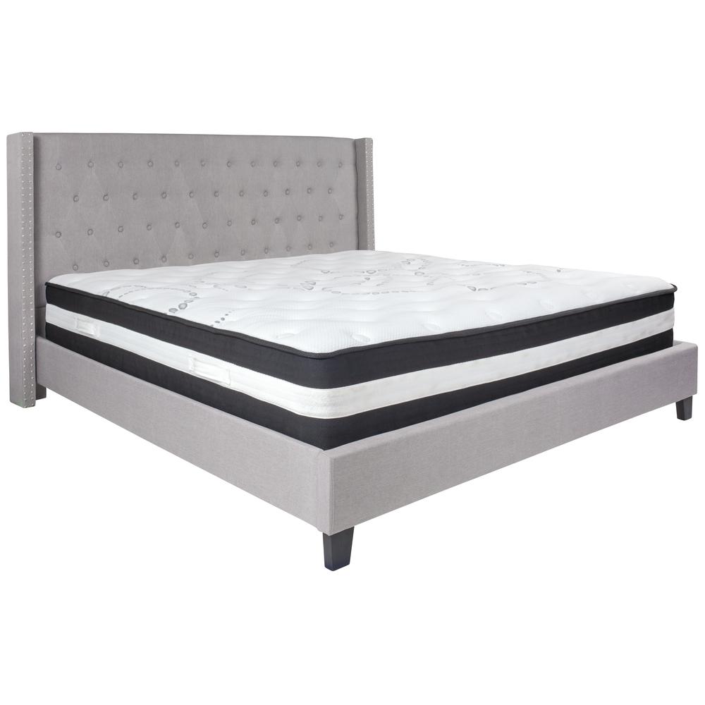 King Size Tufted Upholstered Platform Bed with Accent Nail Trimmed Extended Sides in Light Gray Fabric with Mattress. Picture 1