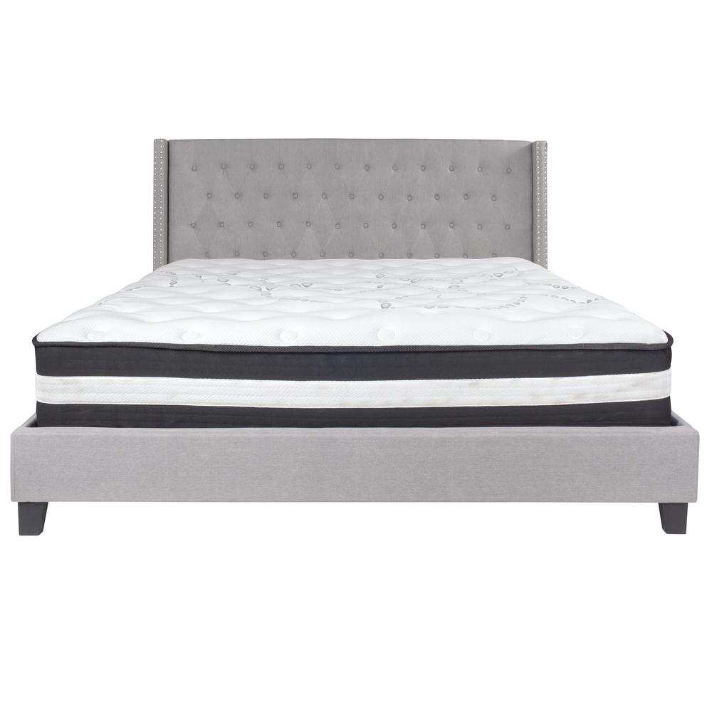 King Size Tufted Upholstered Platform Bed with Accent Nail Trimmed Extended Sides in Light Gray Fabric with Mattress. Picture 3