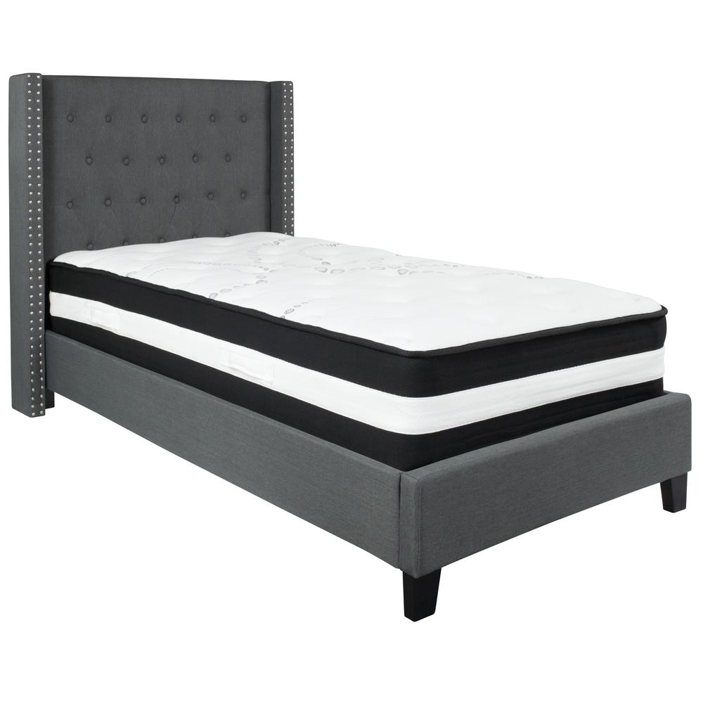 Twin-Size Tufted Upholstered Platform Bed with Accent Nail Trimmed Extended Sides in Dark Gray Fabric with Mattress. Picture 1