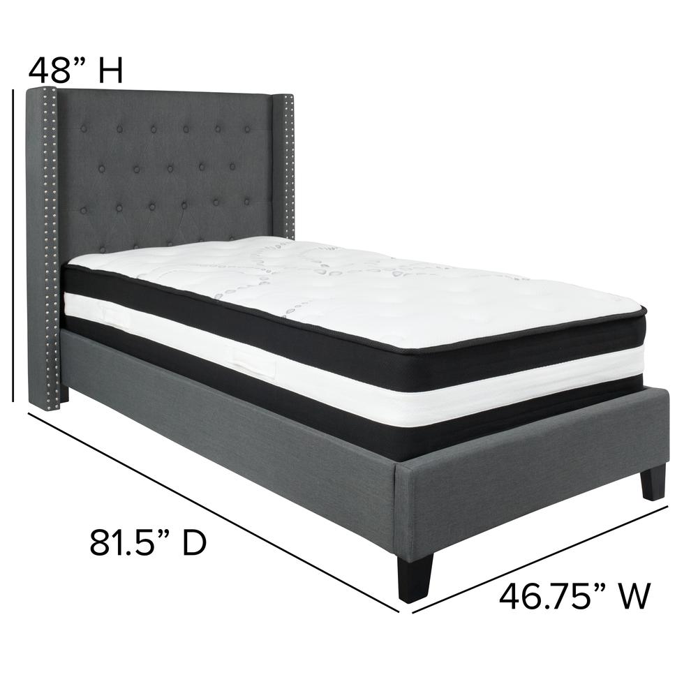Twin-Size Tufted Upholstered Platform Bed with Accent Nail Trimmed Extended Sides in Dark Gray Fabric with Mattress. Picture 2