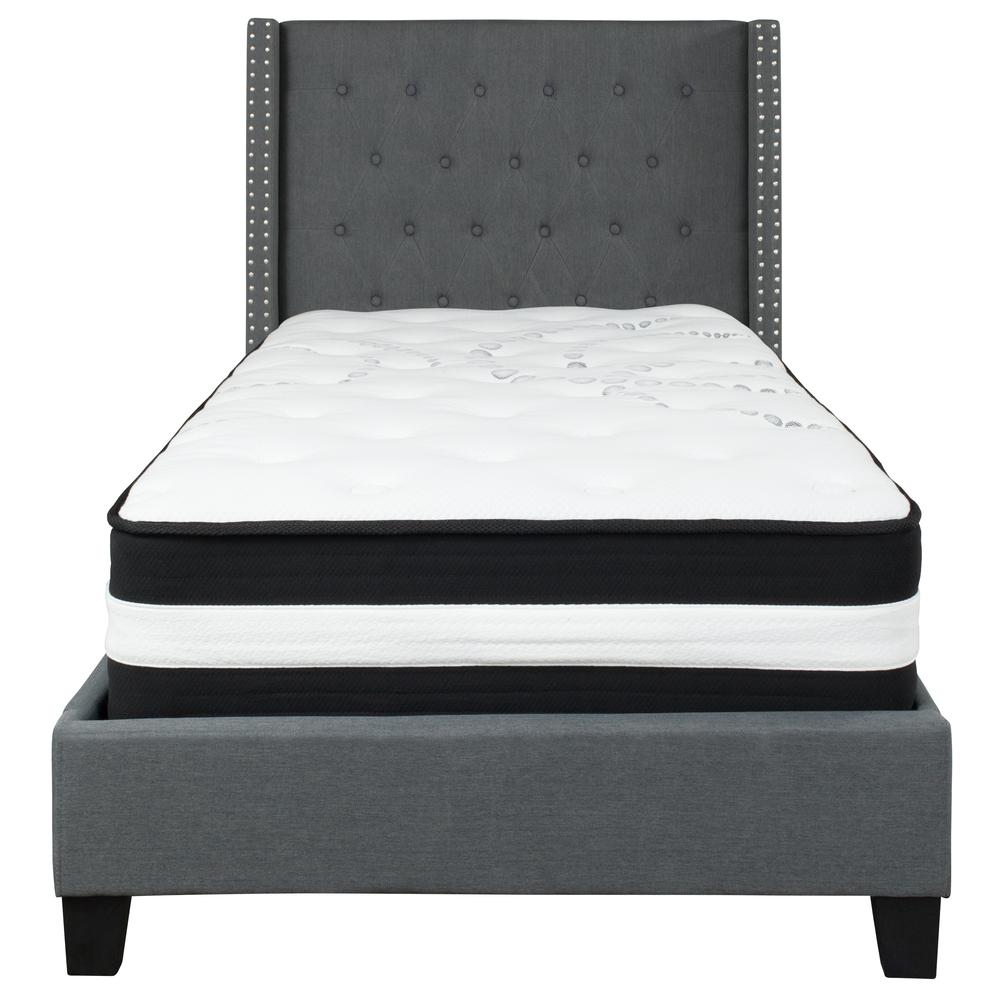 Twin-Size Tufted Upholstered Platform Bed with Accent Nail Trimmed Extended Sides in Dark Gray Fabric with Mattress. Picture 3