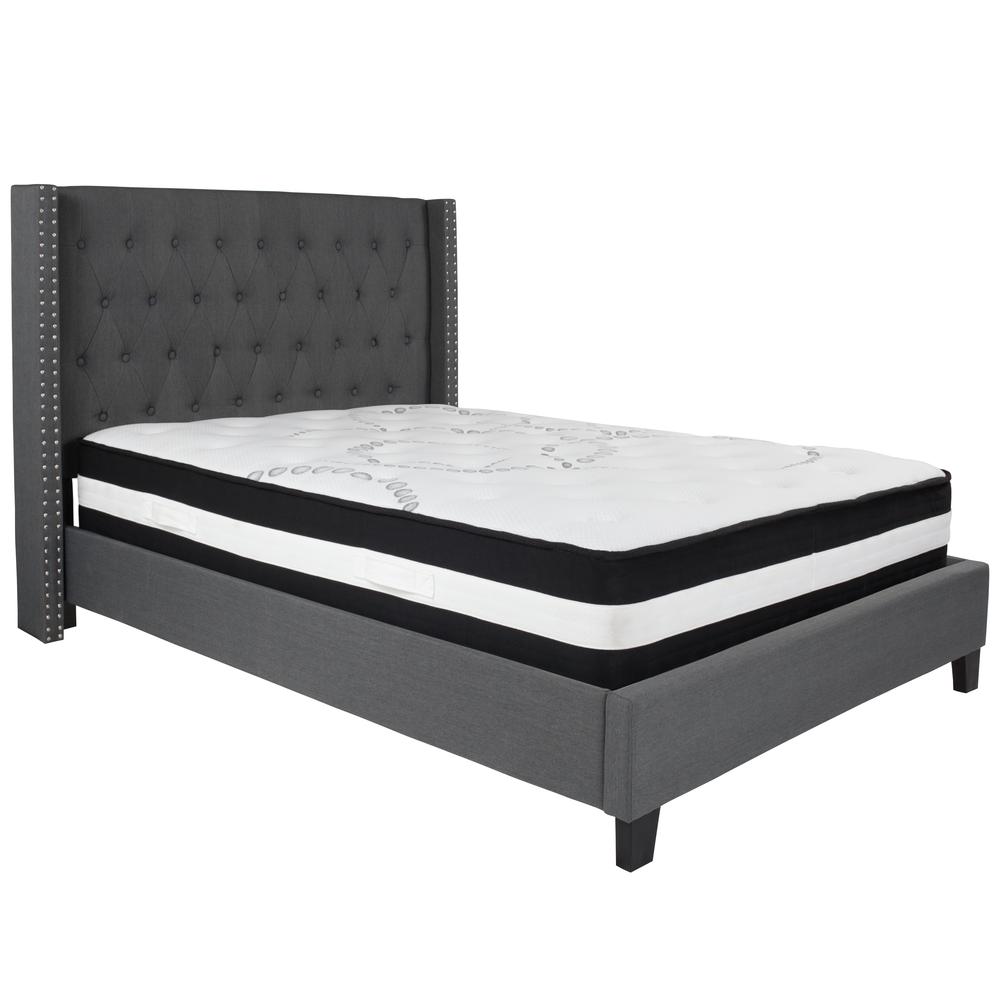Full-Size Tufted Upholstered Platform Bed with Accent Nail Trimmed Extended Sides in Dark Gray Fabric with Mattress. Picture 1