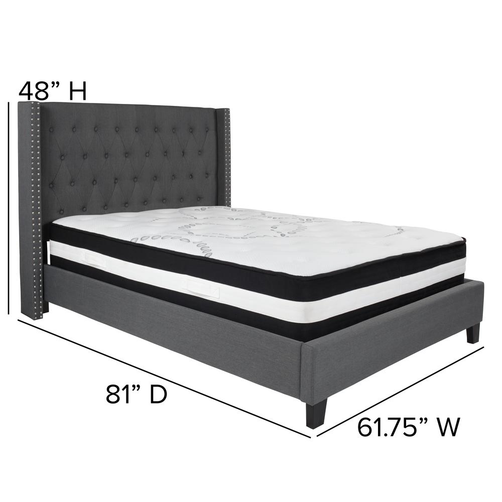 Full-Size Tufted Upholstered Platform Bed with Accent Nail Trimmed Extended Sides in Dark Gray Fabric with Mattress. Picture 2