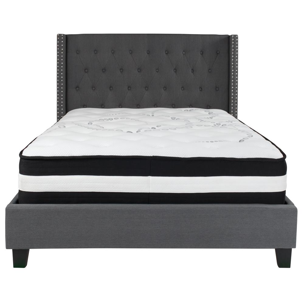 Full-Size Tufted Upholstered Platform Bed with Accent Nail Trimmed Extended Sides in Dark Gray Fabric with Mattress. Picture 3