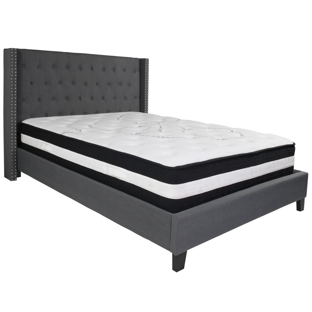 Queen-Size Tufted Upholstered Platform Bed with Accent Nail Trimmed Extended Sides in Dark Gray Fabric with Mattress. Picture 1