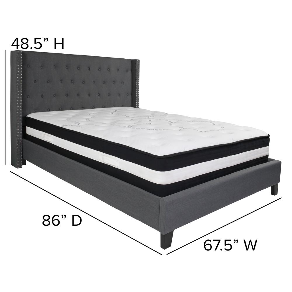 Queen-Size Tufted Upholstered Platform Bed with Accent Nail Trimmed Extended Sides in Dark Gray Fabric with Mattress. Picture 2