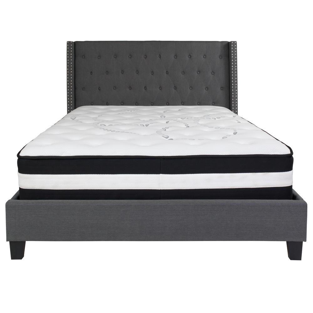 Queen-Size Tufted Upholstered Platform Bed with Accent Nail Trimmed Extended Sides in Dark Gray Fabric with Mattress. Picture 3