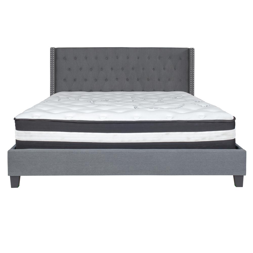 King Size Tufted Upholstered Platform Bed with Accent Nail Trimmed Extended Sides in Dark Gray Fabric with Mattress. Picture 3