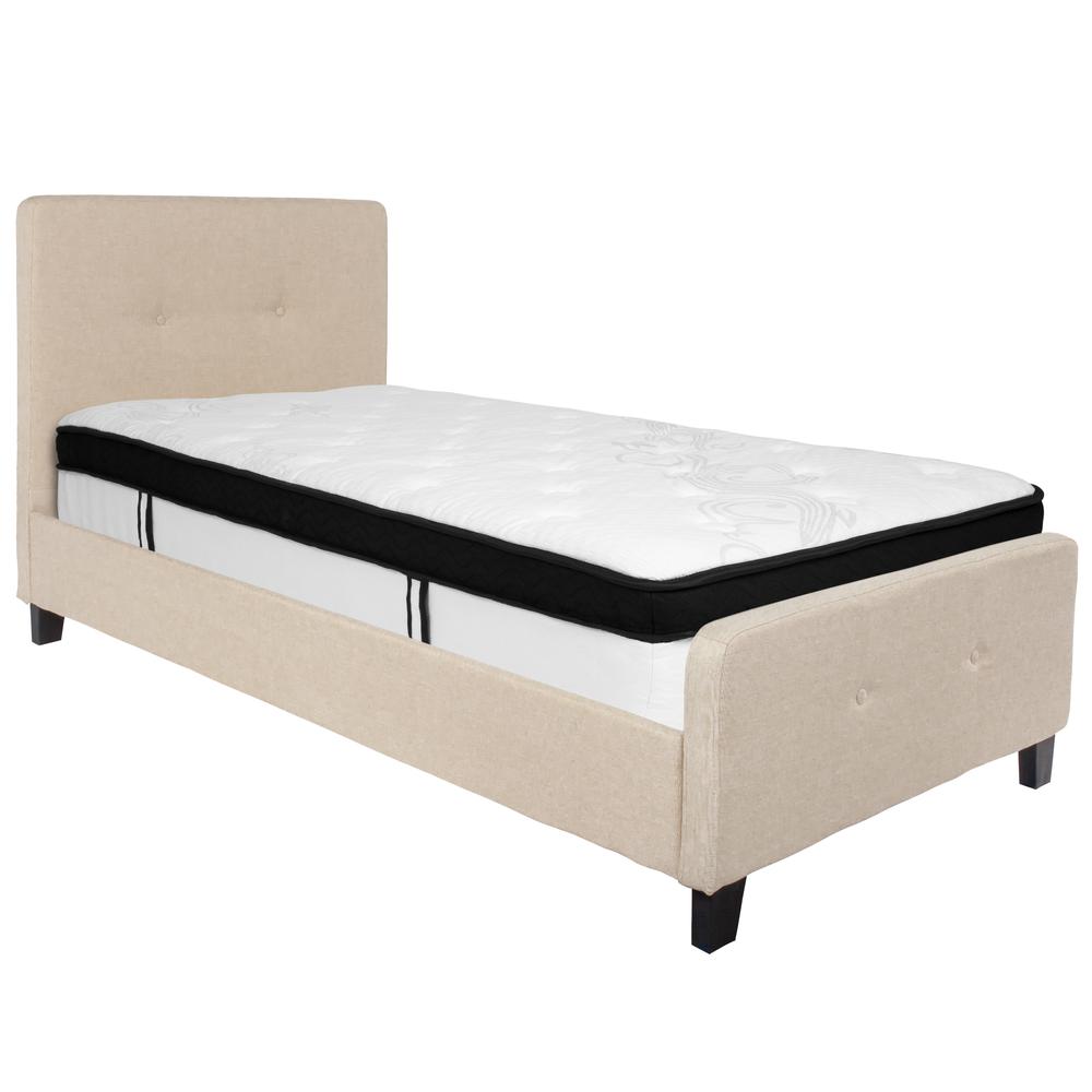 Twin Size Platform Bed in Beige Fabric with Memory Foam Mattress. Picture 2
