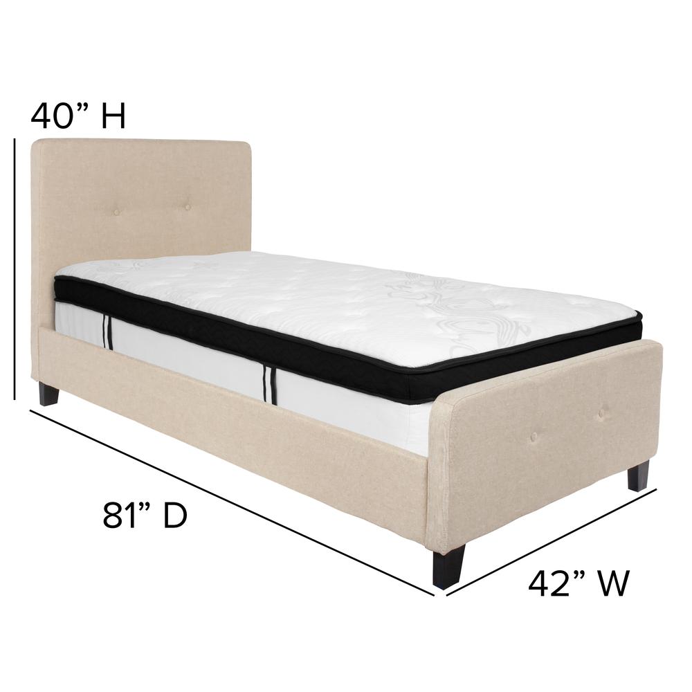 Twin Size Two Button Tufted Upholstered Platform Bed in Beige Fabric with Mattress. Picture 2
