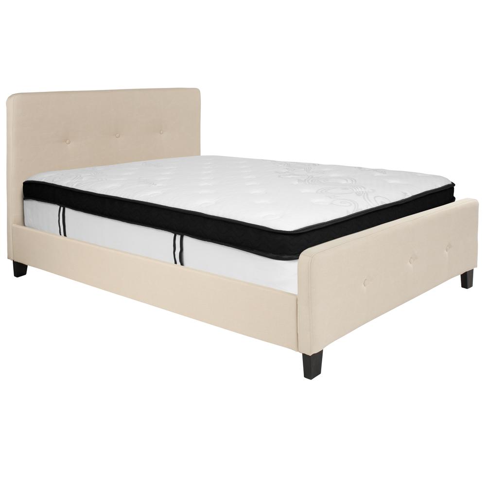 Full Size Three Button Tufted Upholstered Platform Bed in Beige Fabric with Mattress. Picture 1