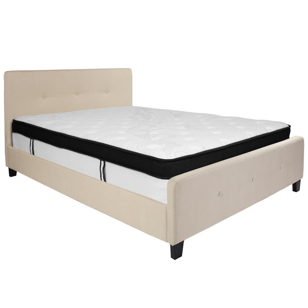 Queen Size Three Button Tufted Upholstered Platform Bed in Beige Fabric with Mattress. Picture 1