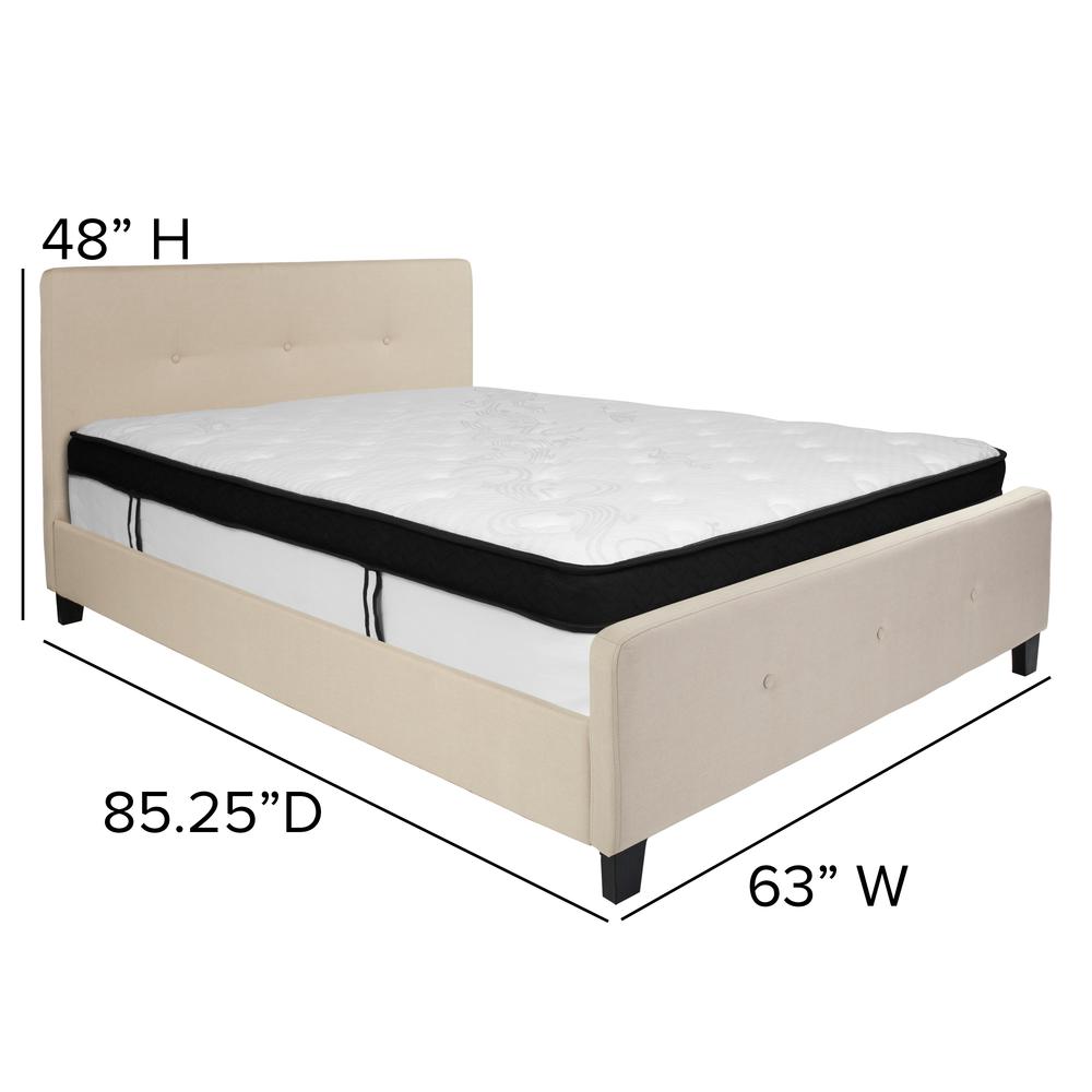 Queen Size Three Button Tufted Upholstered Platform Bed in Beige Fabric with Mattress. Picture 2