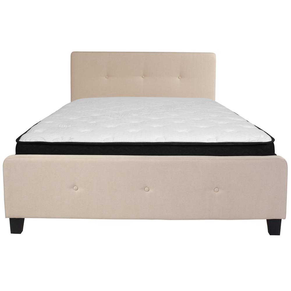 Queen Size Three Button Tufted Upholstered Platform Bed in Beige Fabric with Mattress. Picture 3