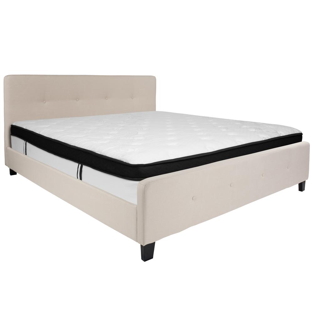 King Size Four Button Tufted Upholstered Platform Bed in Beige Fabric with Mattress. Picture 1