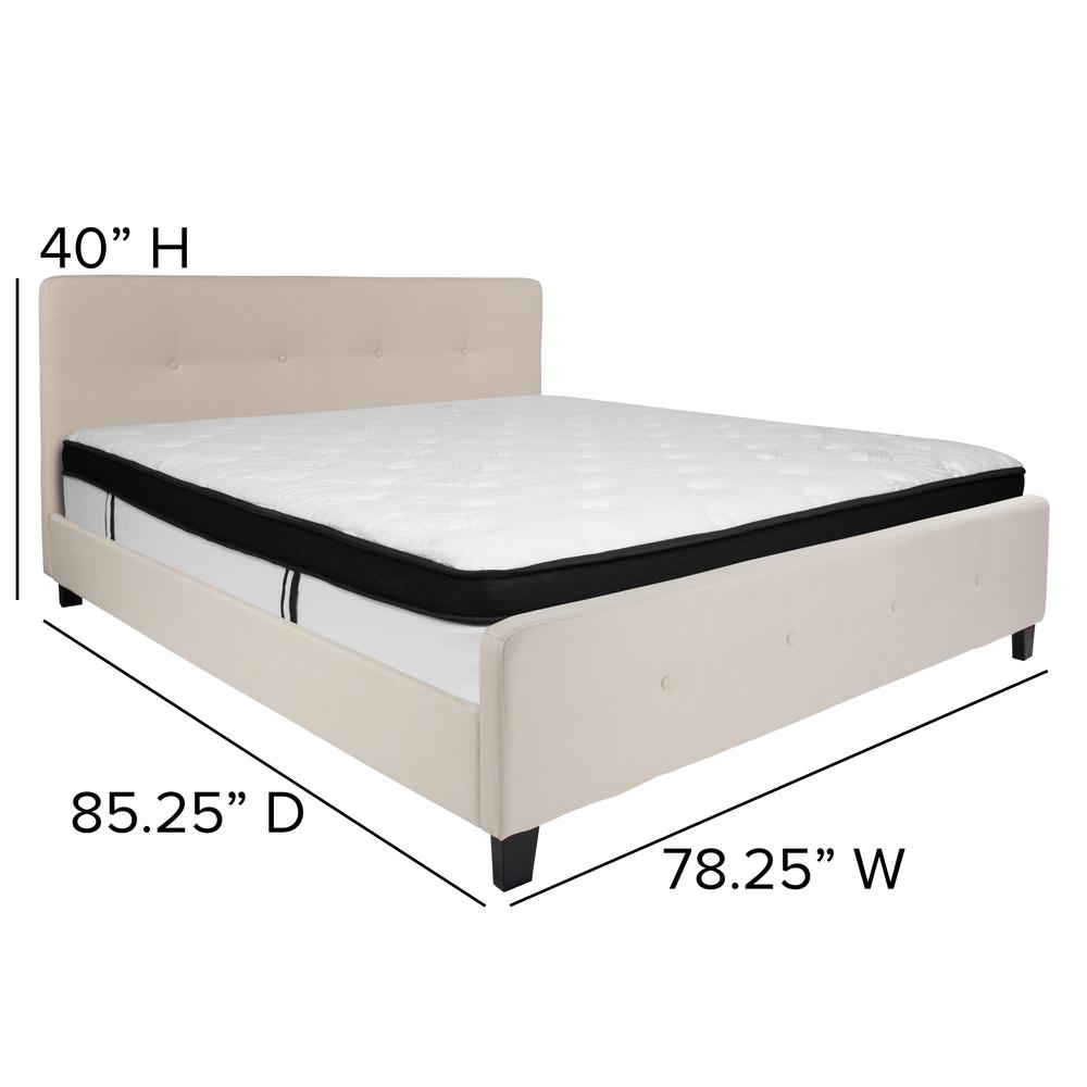 King Size Four Button Tufted Upholstered Platform Bed in Beige Fabric with Mattress. Picture 2