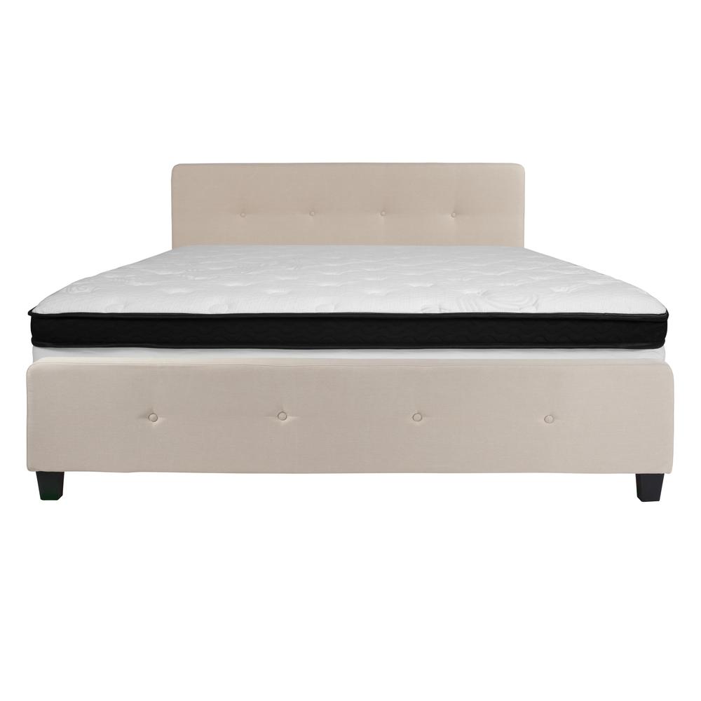 King Size Four Button Tufted Upholstered Platform Bed in Beige Fabric with Mattress. Picture 3