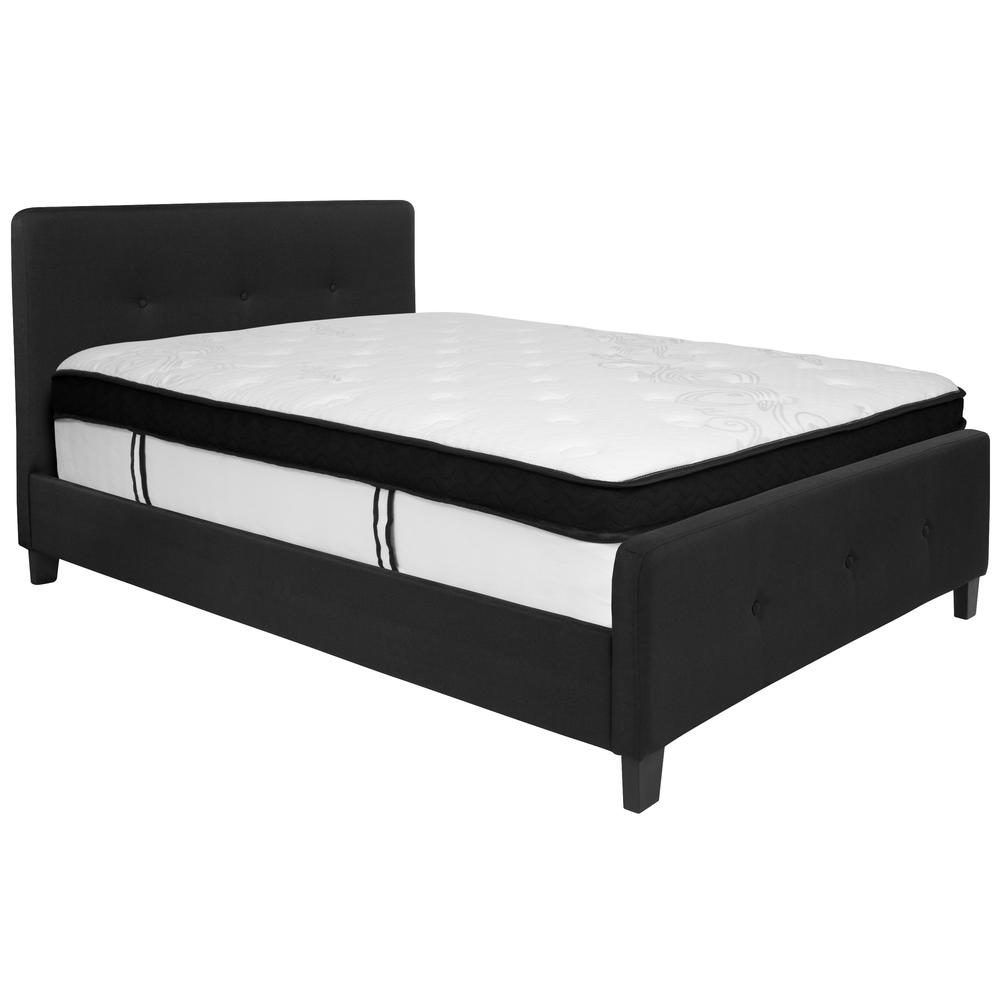 Full Size Three Button Tufted Upholstered Platform Bed in Black Fabric with Mattress. Picture 1
