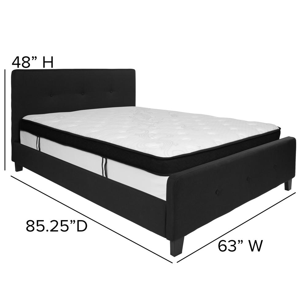 Queen Size Three Button Tufted Upholstered Platform Bed in Black Fabric with Mattress. Picture 2