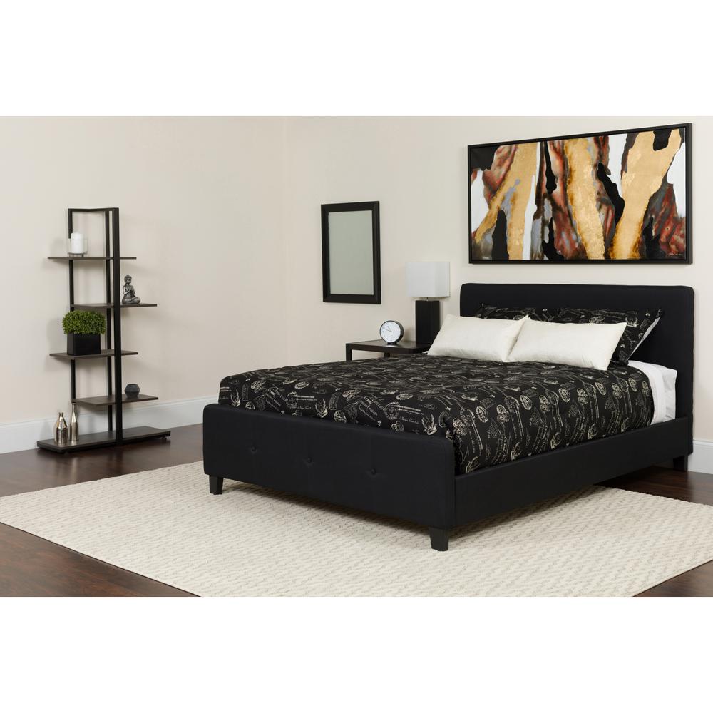 Tribeca Queen Size Tufted Upholstered Platform Bed in Black Fabric with Memory Foam Mattress. Picture 1