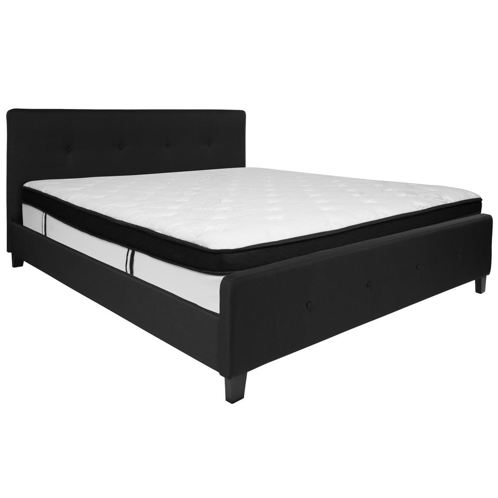 King Size Four Button Tufted Upholstered Platform Bed in Black Fabric with Mattress. Picture 1