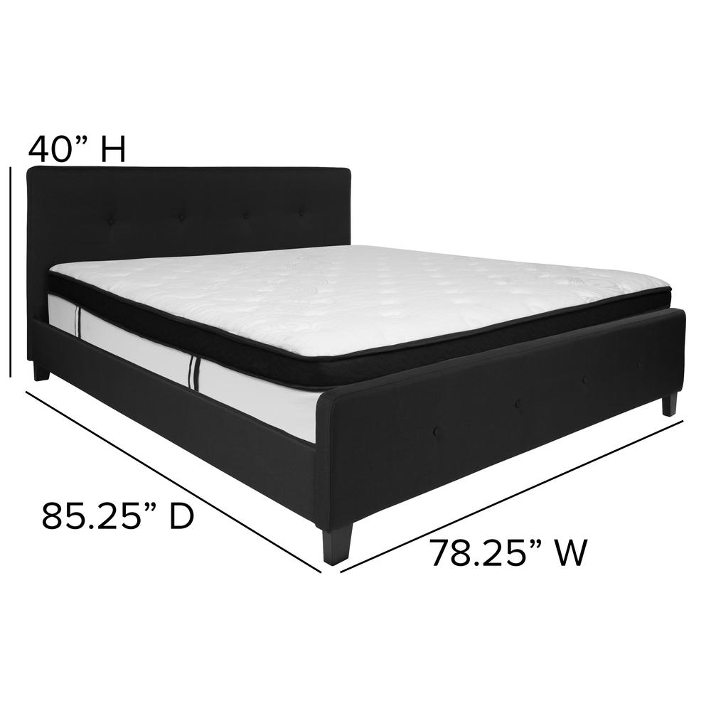 King Size Four Button Tufted Upholstered Platform Bed in Black Fabric with Mattress. Picture 2