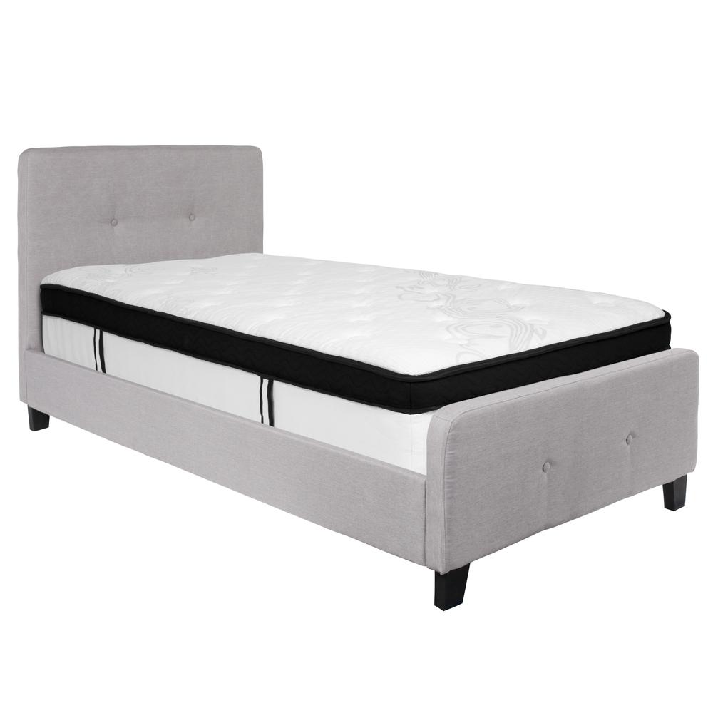 Twin Size Two Button Tufted Upholstered Platform Bed in Light Gray Fabric with Mattress. Picture 1