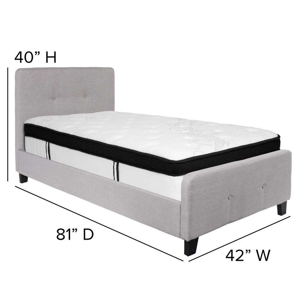 Twin Size Two Button Tufted Upholstered Platform Bed in Light Gray Fabric with Mattress. Picture 2